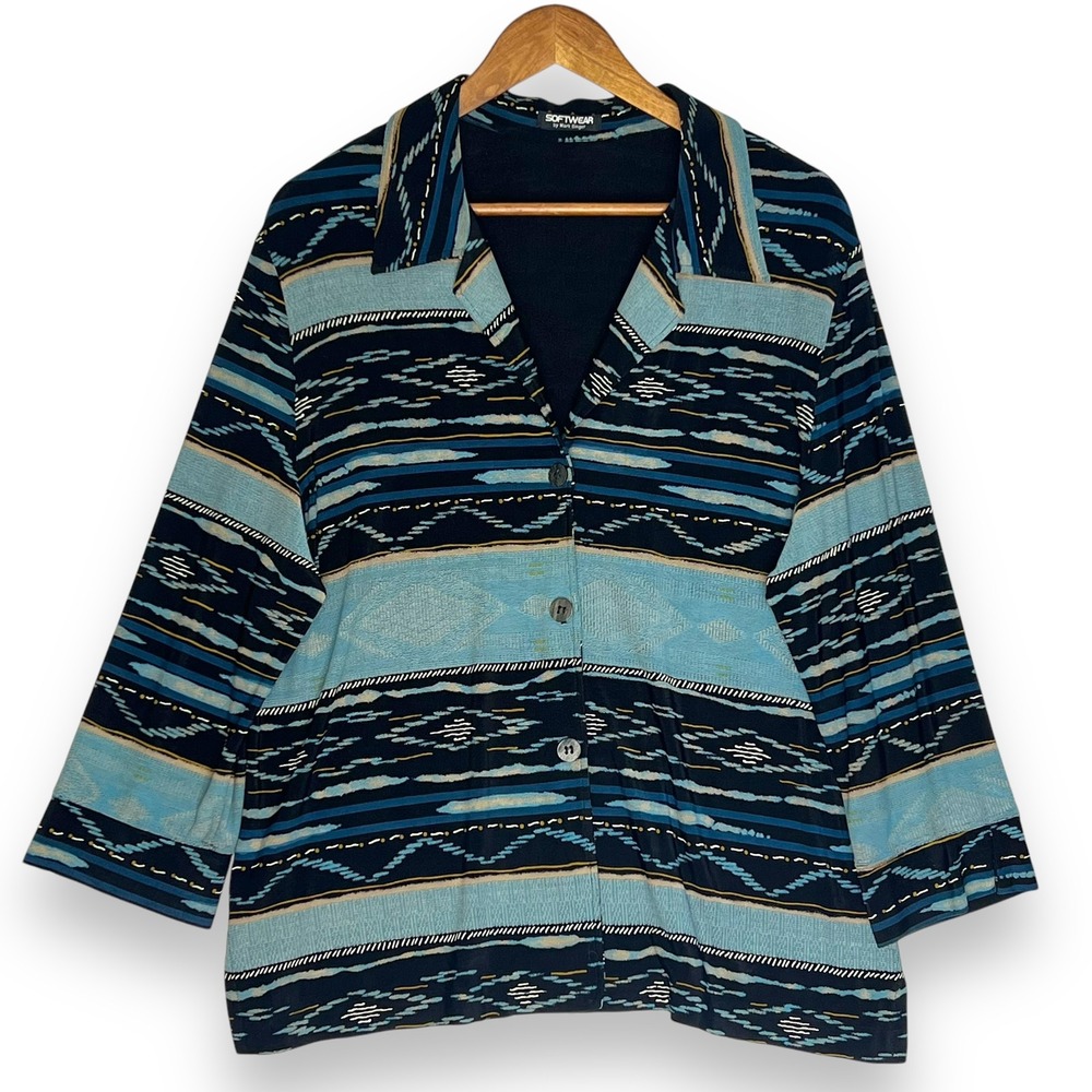 Softwear by Mark Singer Aztec Western Button Up Blouse Slinky Knit Blue Black XL